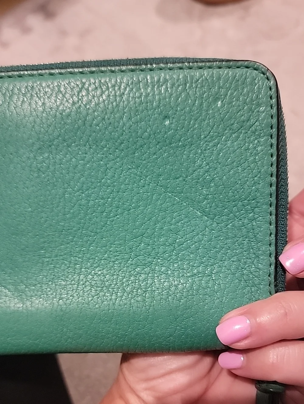 COACH Green Pebble Leather Zip Around Wallet With Wrist Strap